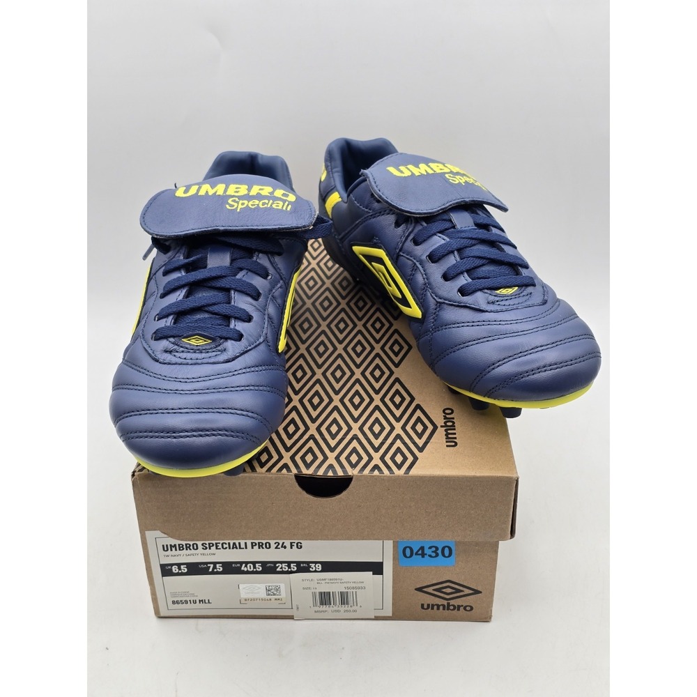 Umbro Speciali Pro 24‎ FG Elite Leather Navy Blue Yellow Soccer Cleats Men's 7.5